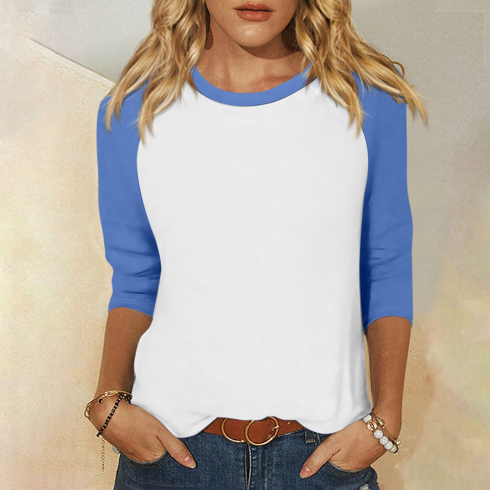 thumbnail image 2 of Camiseta informal de manga 3/4 y cuello redondo para mujer, versátil, de poliéster, tallas S-XXL, 2 of 5